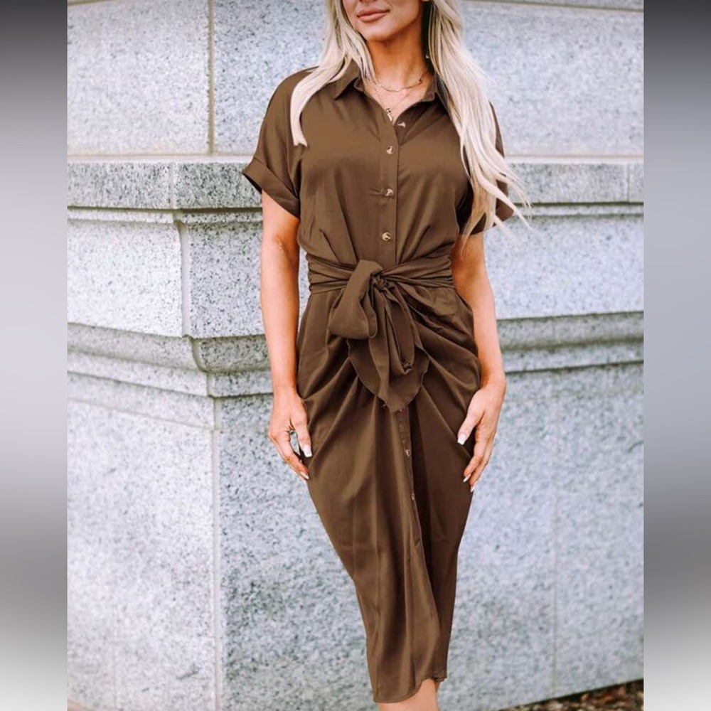 Elegant Brown Tie-Front Satin Dress